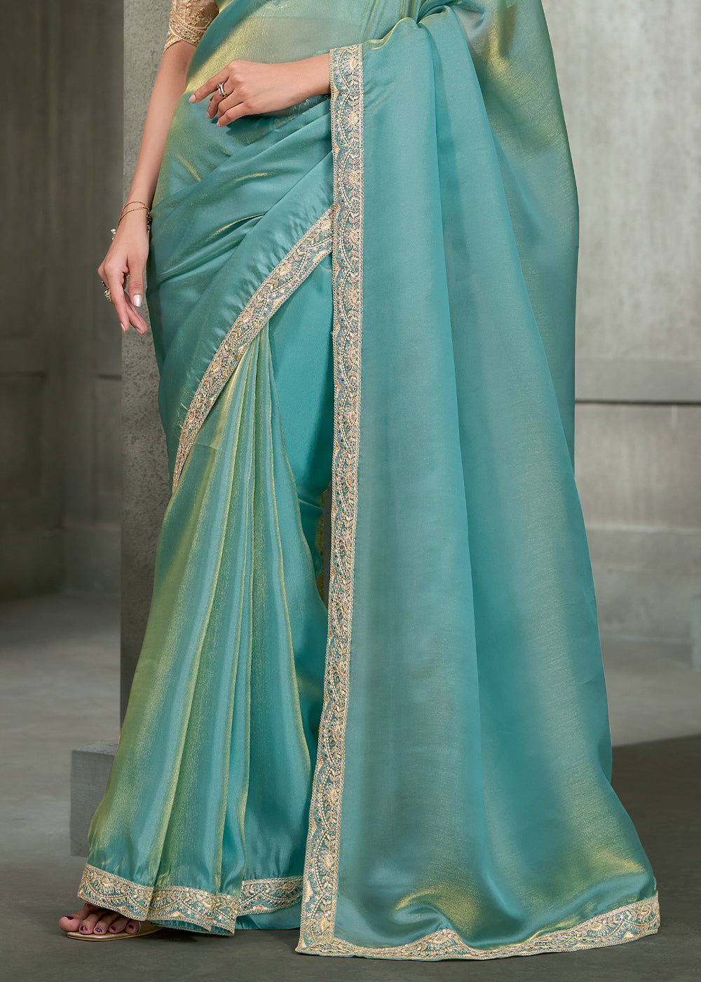 Aqua Blue &amp; Gold Shimmer Dual Tone Tissue Silk Saree with Zari Embroidered Border