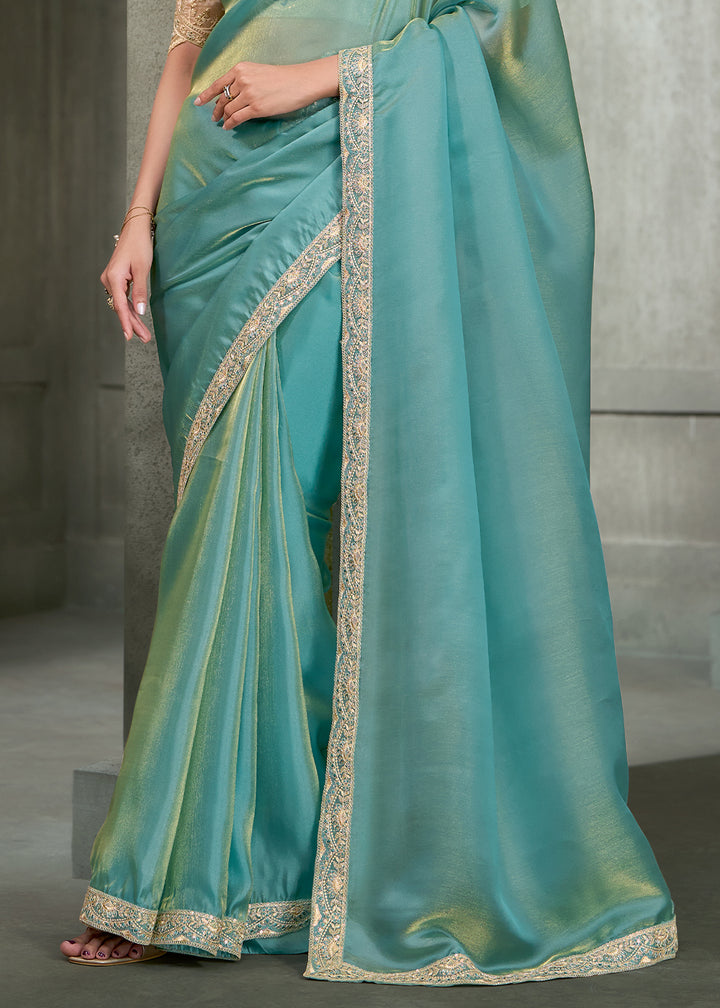 Aqua Blue &amp; Gold Shimmer Dual Tone Tissue Silk Saree with Zari Embroidered Border