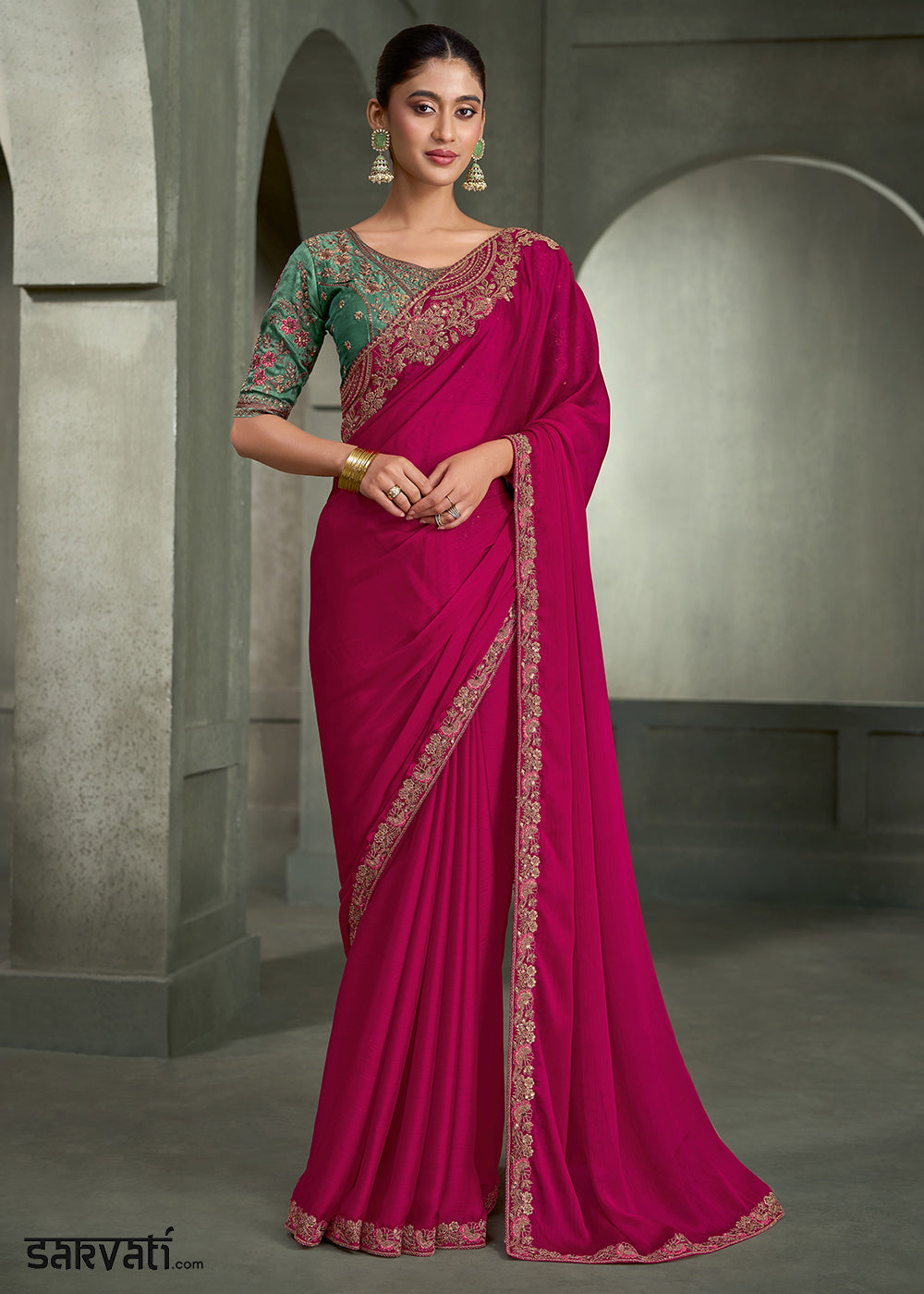 Rani Pink Satin Chiffon Saree with Floral Motifs Zari Embroidered with Contrast Designer Blouse