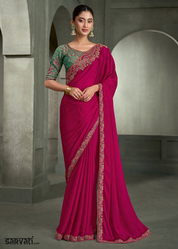 Rani Pink Satin Chiffon Saree with Floral Motifs Zari Embroidered with Contrast Designer Blouse