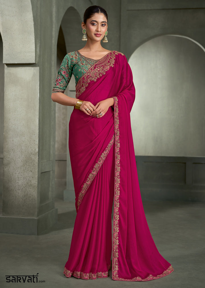 Rani Pink Satin Chiffon Saree with Floral Motifs Zari Embroidered with Contrast Designer Blouse