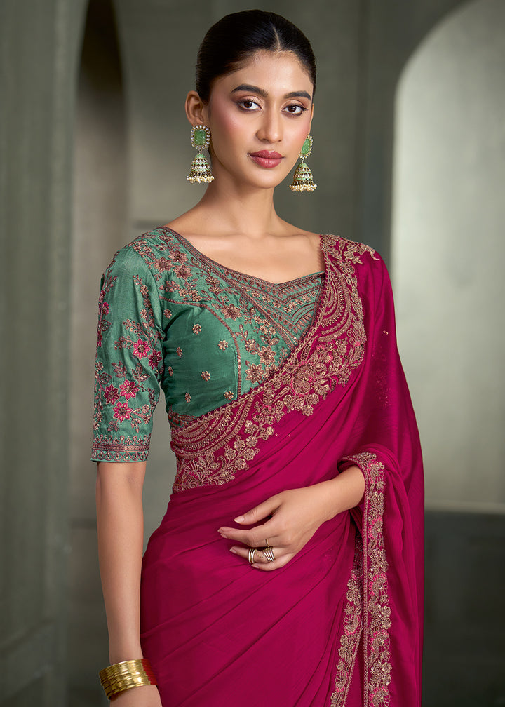 Rani Pink Satin Chiffon Saree with Floral Motifs Zari Embroidered with Contrast Designer Blouse