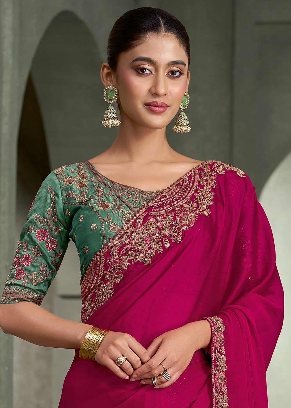 Rani Pink Satin Chiffon Saree with Floral Motifs Zari Embroidered with Contrast Designer Blouse
