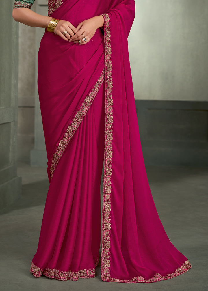Rani Pink Satin Chiffon Saree with Floral Motifs Zari Embroidered with Contrast Designer Blouse