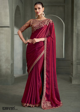 Wine Tissue Satin Silk Saree with Floral Motifs Zari Embroidered with Contrast Designer Blouse