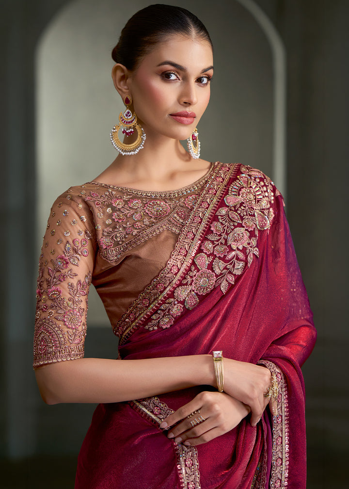 Wine Tissue Satin Silk Saree with Floral Motifs Zari Embroidered with Contrast Designer Blouse