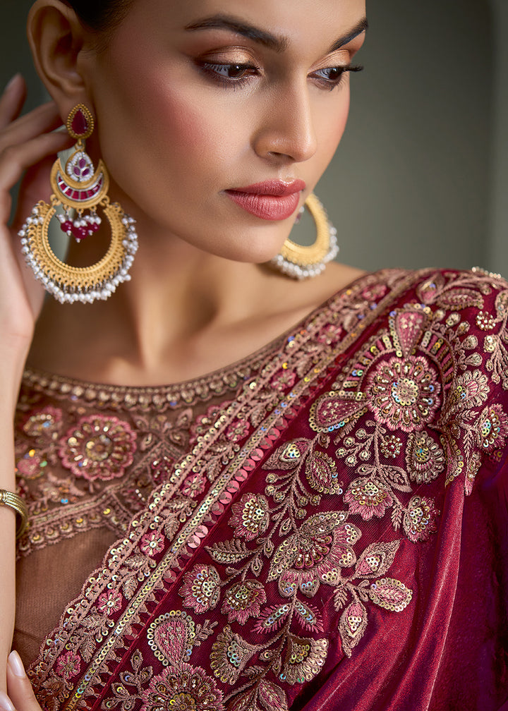 Wine Tissue Satin Silk Saree with Floral Motifs Zari Embroidered with Contrast Designer Blouse