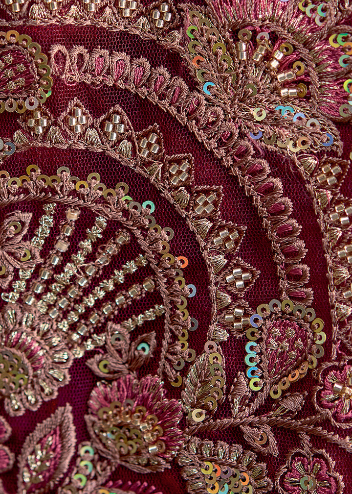 Wine Tissue Satin Silk Saree with Floral Motifs Zari Embroidered with Contrast Designer Blouse