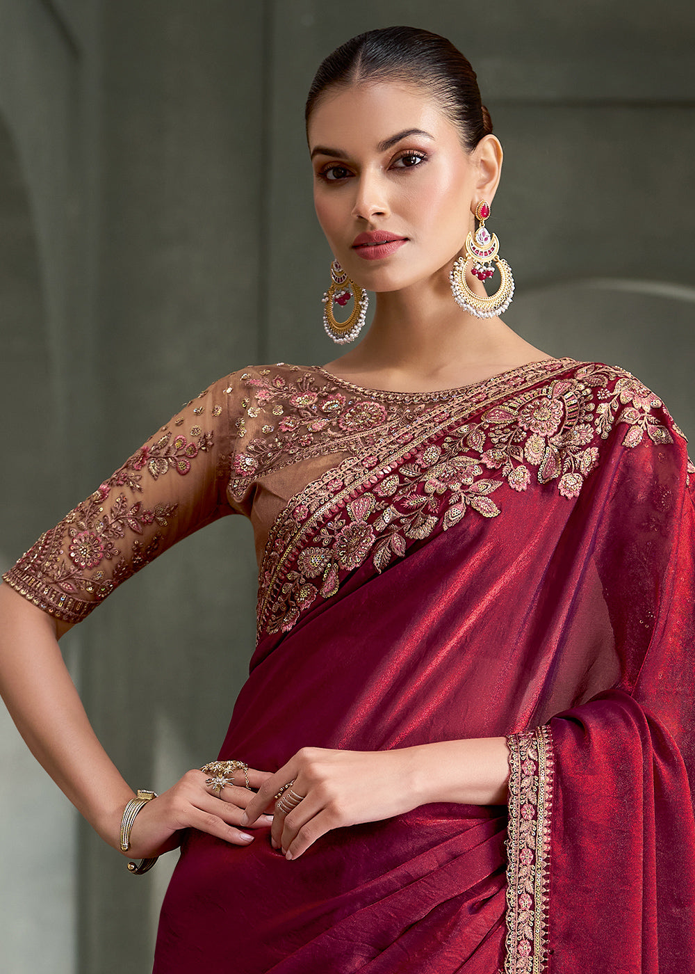 Wine Tissue Satin Silk Saree with Floral Motifs Zari Embroidered with Contrast Designer Blouse