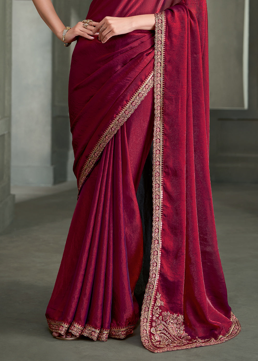 Wine Tissue Satin Silk Saree with Floral Motifs Zari Embroidered with Contrast Designer Blouse
