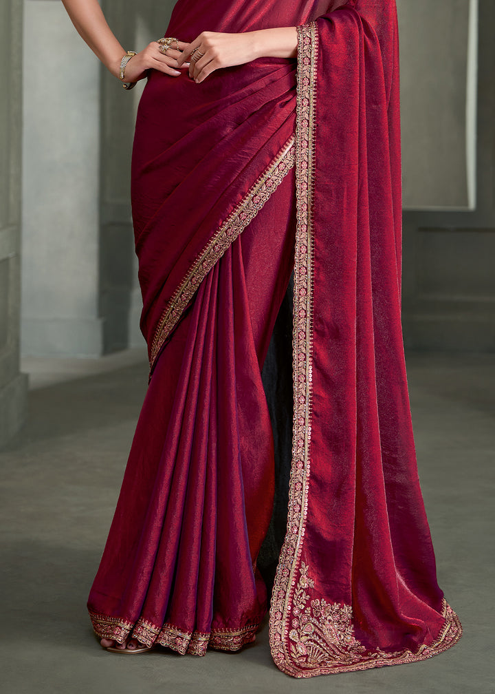 Wine Tissue Satin Silk Saree with Floral Motifs Zari Embroidered with Contrast Designer Blouse
