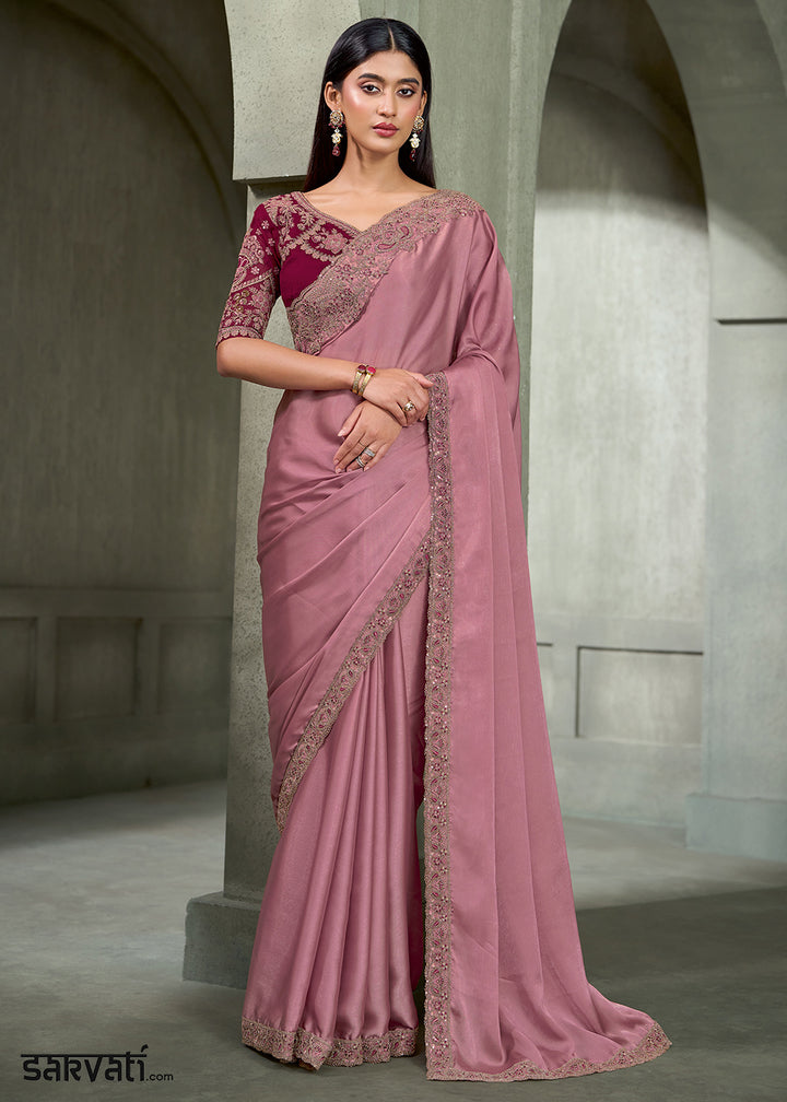 Dusty Rose Satin Georgette Saree with Embellished Zari Border &amp; Contrast Blouse
