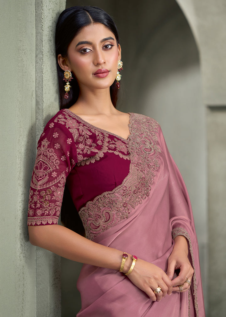 Dusty Rose Satin Georgette Saree with Embellished Zari Border &amp; Contrast Blouse
