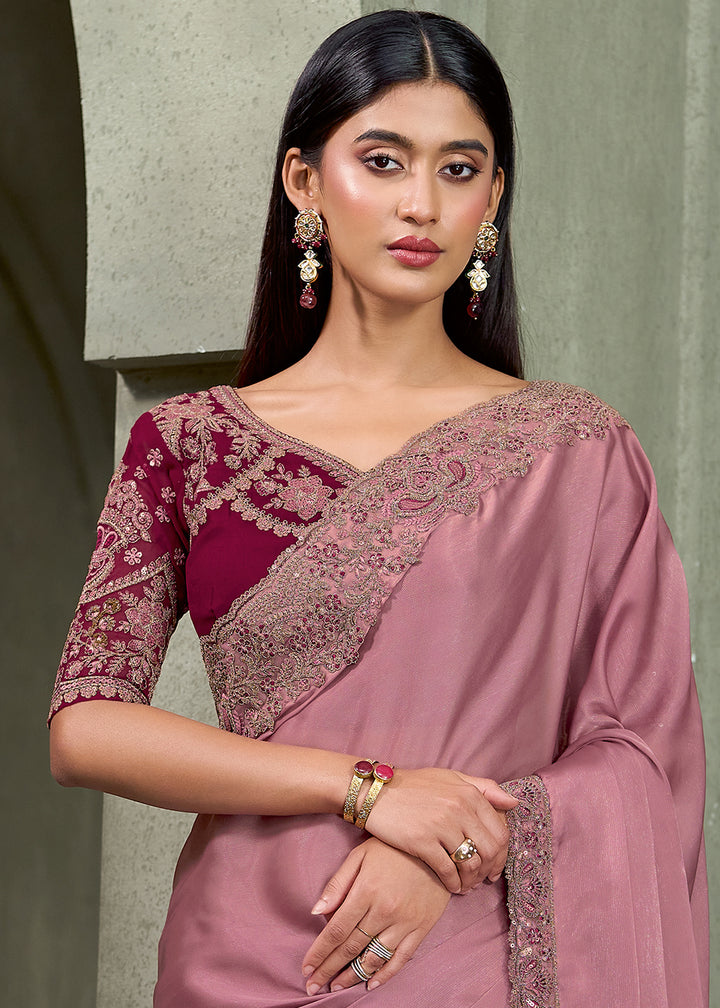 Dusty Rose Satin Georgette Saree with Embellished Zari Border &amp; Contrast Blouse