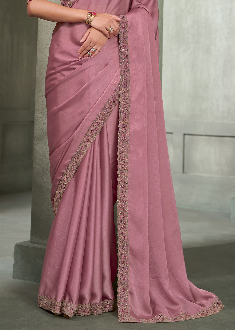 Dusty Rose Satin Georgette Saree with Embellished Zari Border &amp; Contrast Blouse