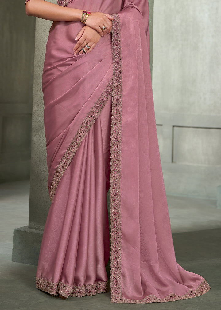 Dusty Rose Satin Georgette Saree with Embellished Zari Border &amp; Contrast Blouse