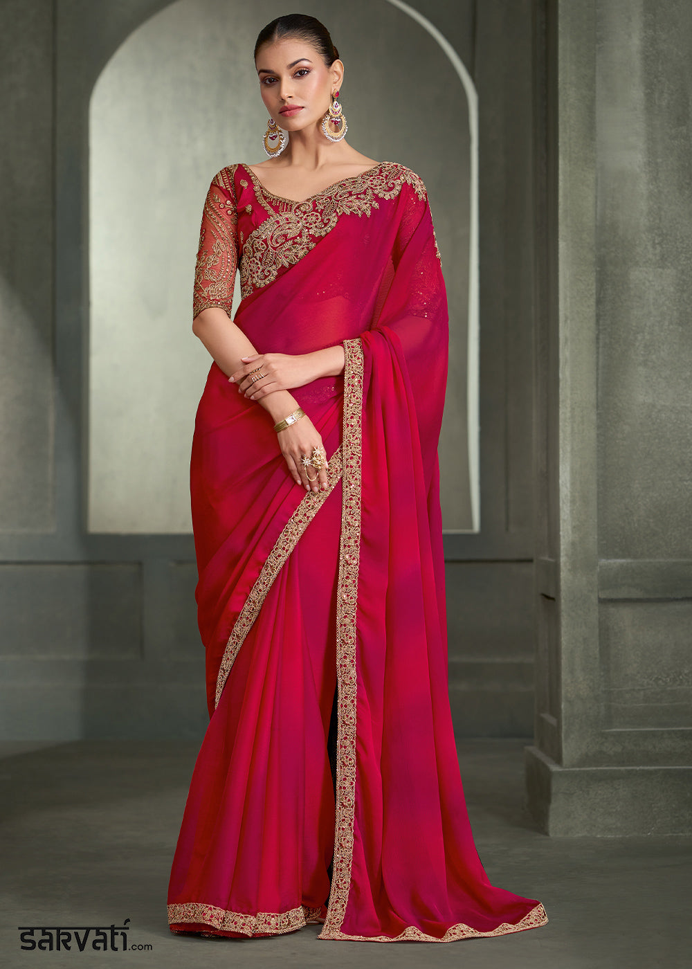 Ruby Red &amp; Rani Pink Shaded Chiffon Saree with Intricate Pallu &amp; Border Work