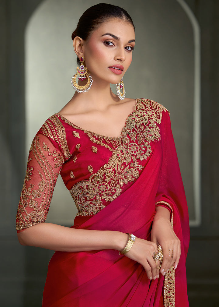 Ruby Red &amp; Rani Pink Shaded Chiffon Saree with Intricate Pallu &amp; Border Work