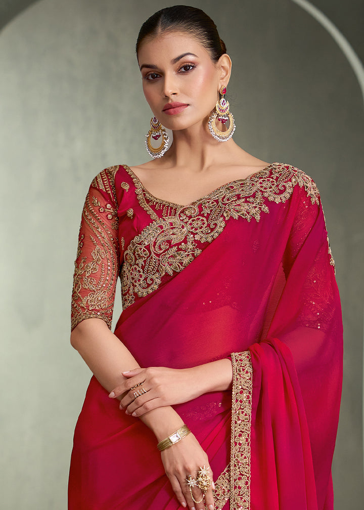 Ruby Red &amp; Rani Pink Shaded Chiffon Saree with Intricate Pallu &amp; Border Work