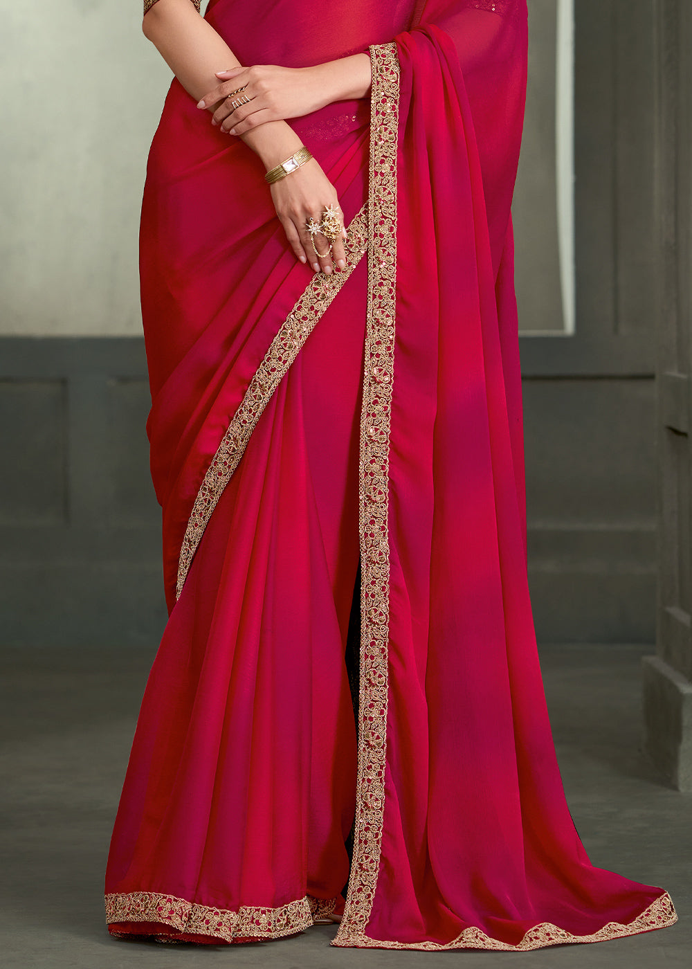 Ruby Red &amp; Rani Pink Shaded Chiffon Saree with Intricate Pallu &amp; Border Work