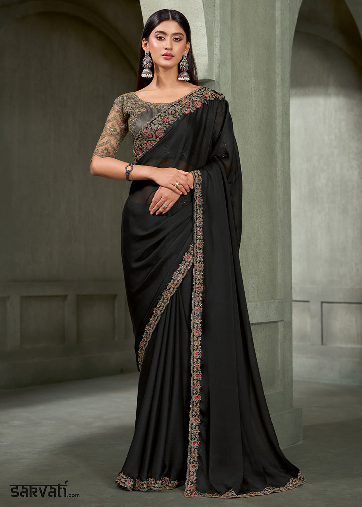 Charcoal Black Chiffon Saree with Antique Gold Zari Embroidery