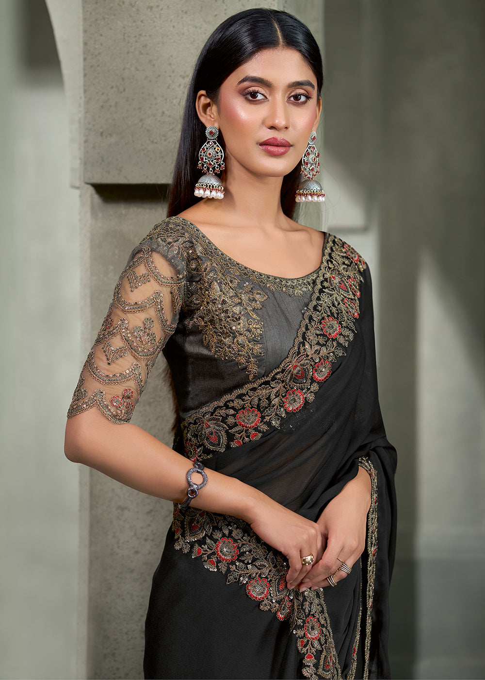 Charcoal Black Chiffon Saree with Antique Gold Zari Embroidery
