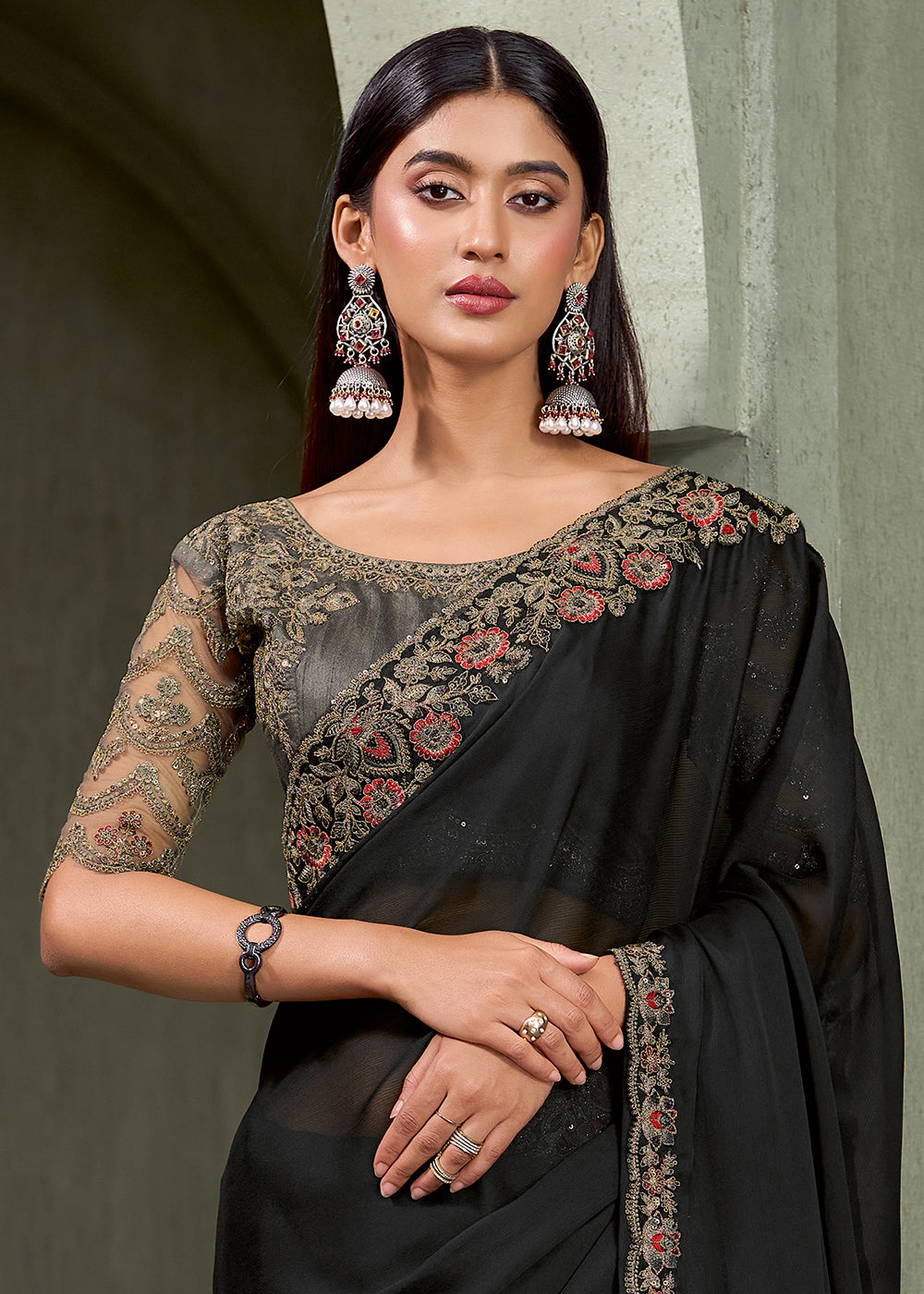 Charcoal Black Chiffon Saree with Antique Gold Zari Embroidery