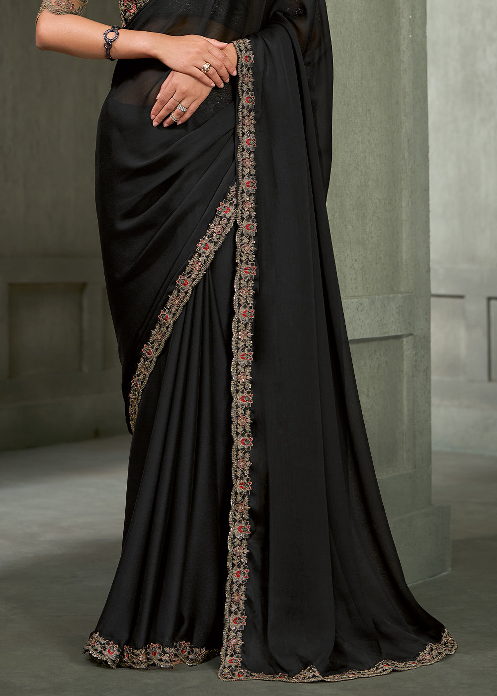 Charcoal Black Chiffon Saree with Antique Gold Zari Embroidery