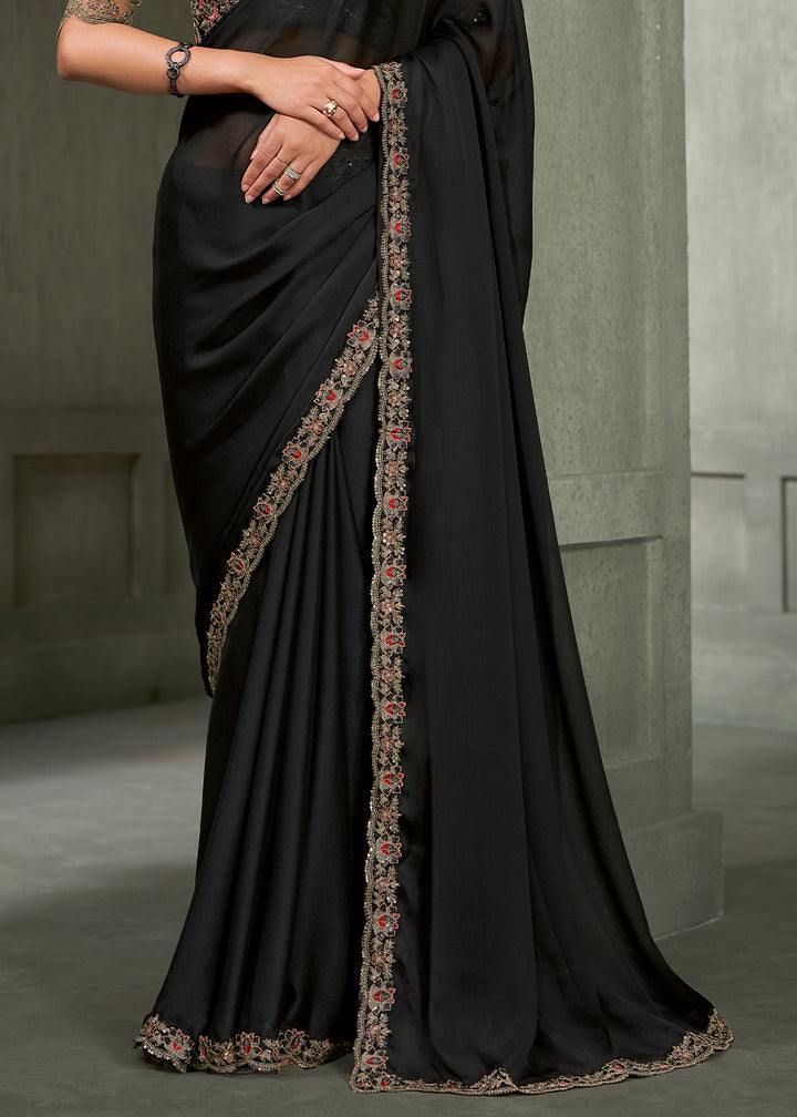Charcoal Black Chiffon Saree with Antique Gold Zari Embroidery