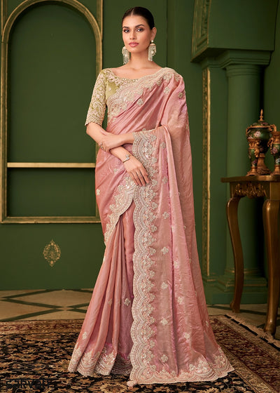 Peach Pink Satin Georgette Silk Saree with Thread & Sequin Work