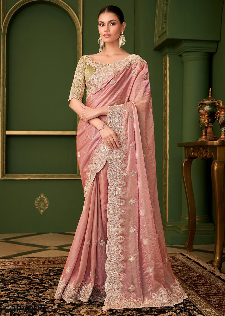 Peach Pink Satin Georgette Silk Saree with Thread & Sequin Work