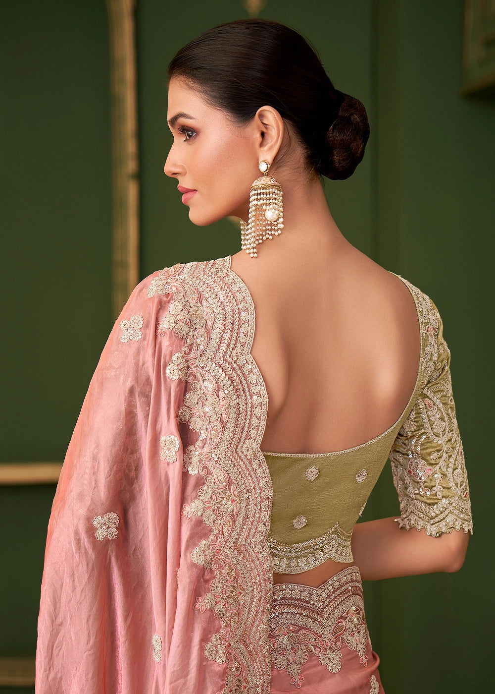 Peach Pink Satin Georgette Silk Saree with Thread & Sequin Work