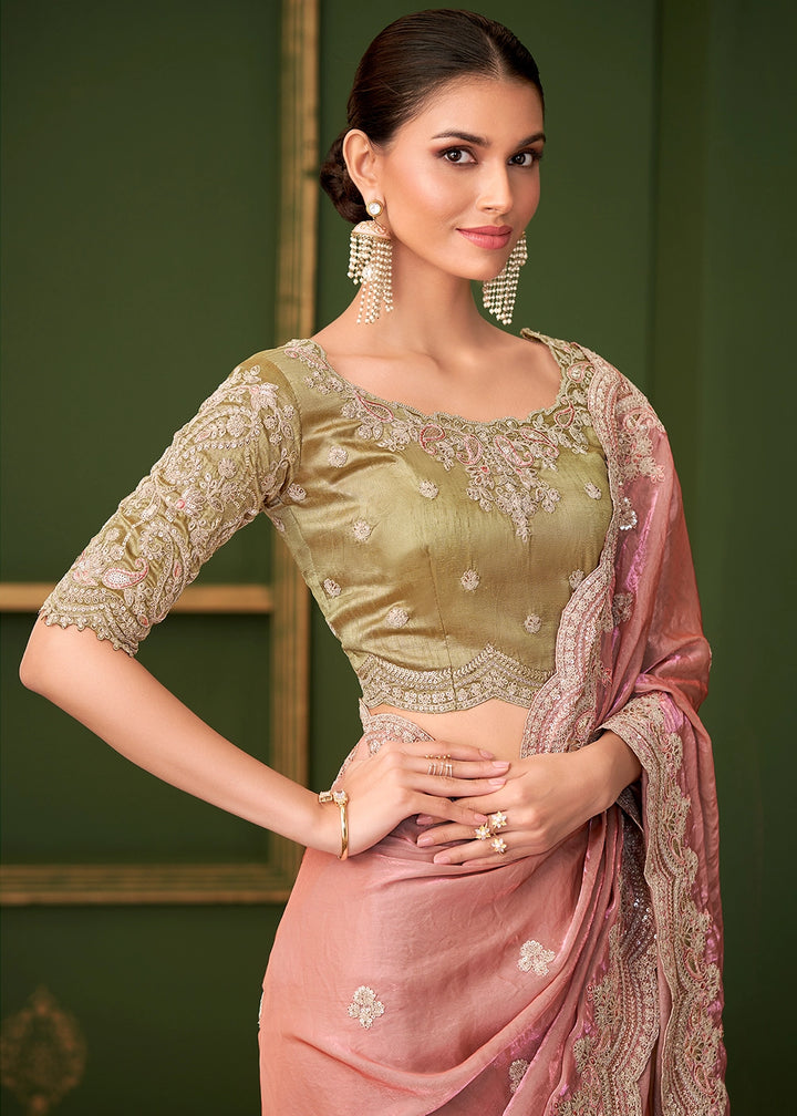 Peach Pink Satin Georgette Silk Saree with Thread & Sequin Work