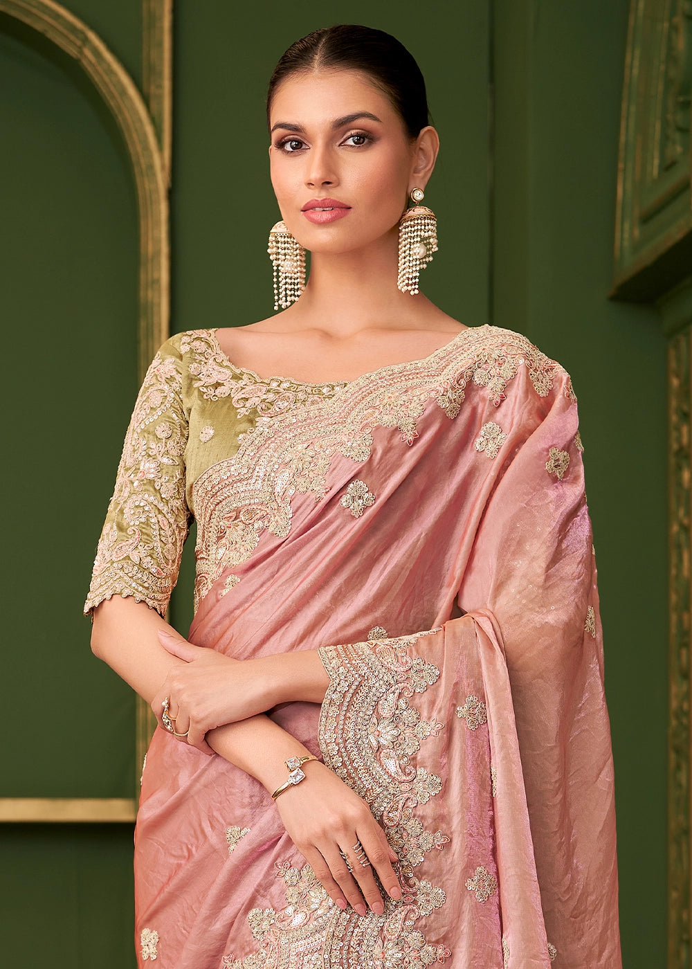 Peach Pink Satin Georgette Silk Saree with Thread & Sequin Work