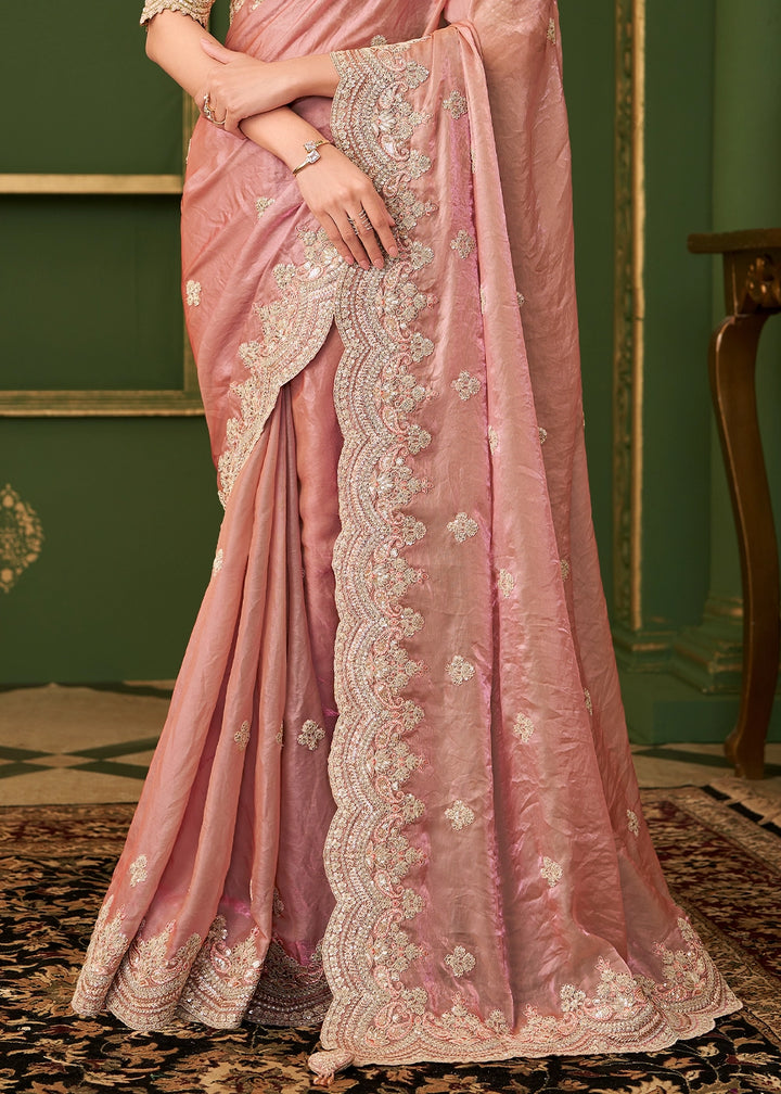 Peach Pink Satin Georgette Silk Saree with Thread & Sequin Work