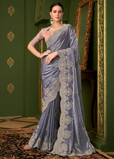 Metallic Blue Satin Georgette Silk Saree with Thread & Sequin Work