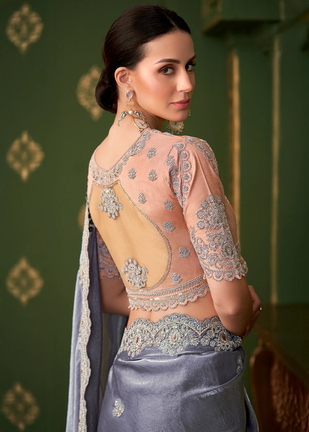 Metallic Blue Satin Georgette Silk Saree with Thread & Sequin Work