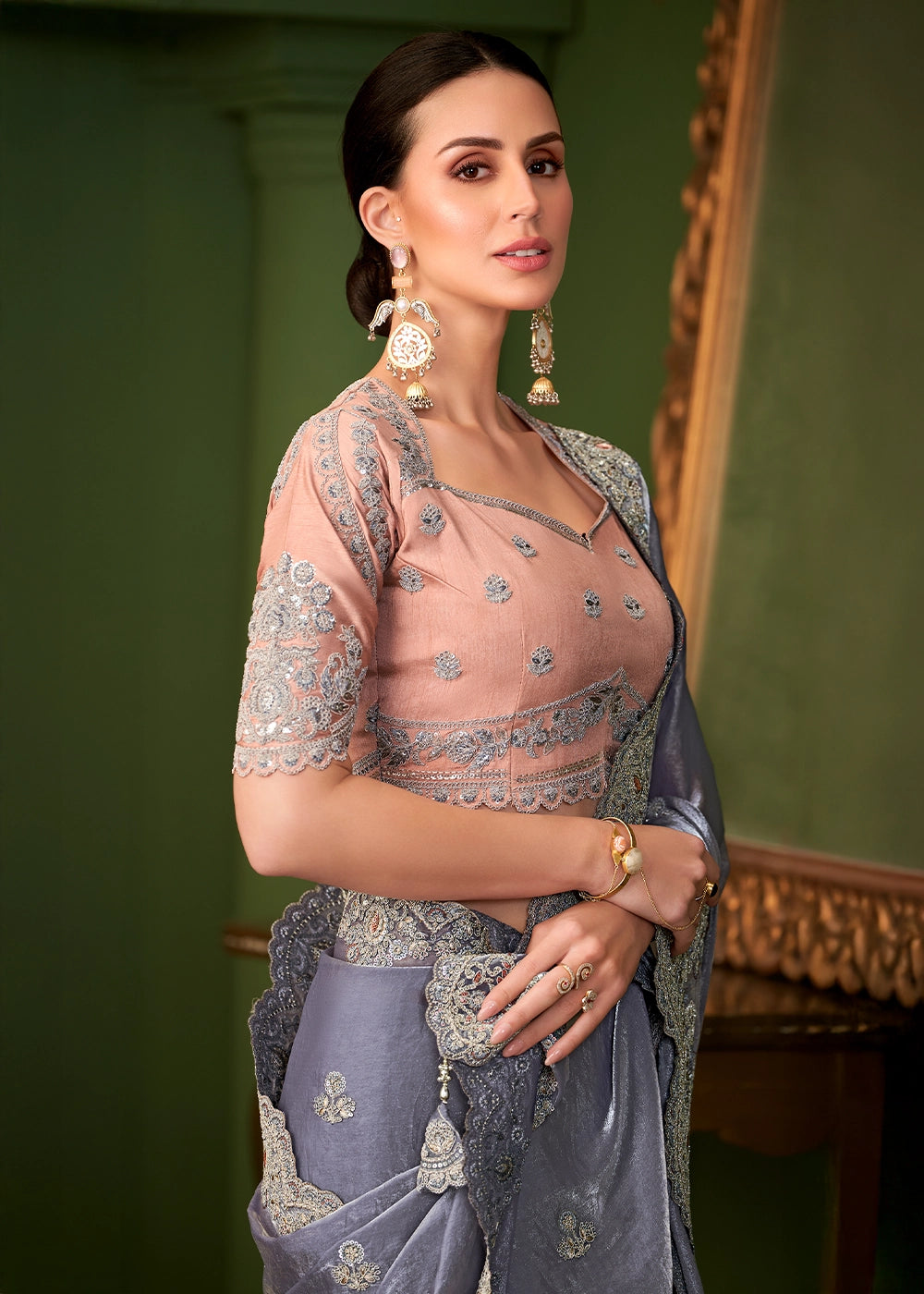 Metallic Blue Satin Georgette Silk Saree with Thread & Sequin Work