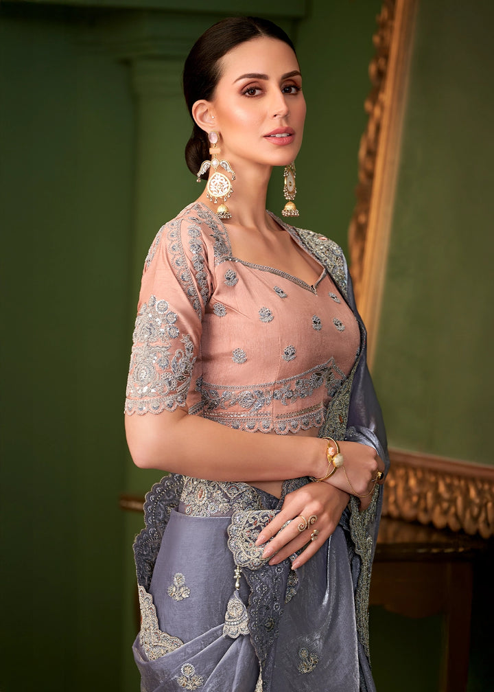 Metallic Blue Satin Georgette Silk Saree with Thread & Sequin Work