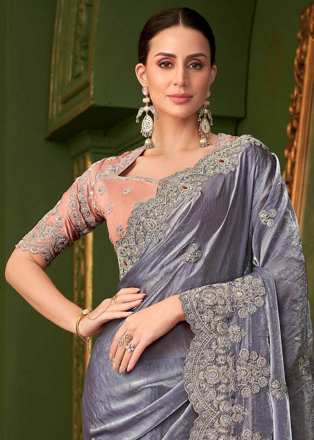 Metallic Blue Satin Georgette Silk Saree with Thread & Sequin Work