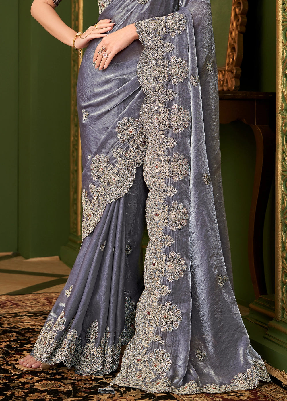 Metallic Blue Satin Georgette Silk Saree with Thread & Sequin Work