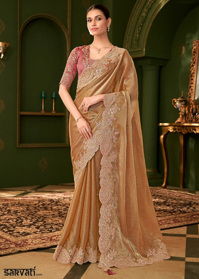 Metallic Mustard Yellow Satin Chiffon Silk Saree with Thread & Sequin Work