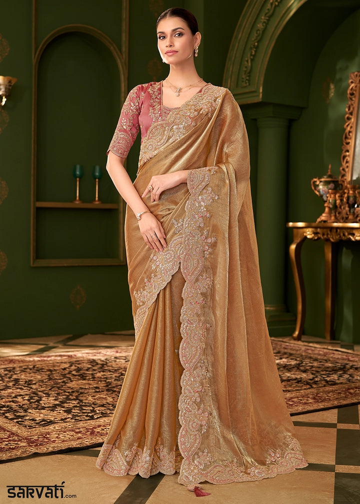 Metallic Mustard Yellow Satin Chiffon Silk Saree with Thread & Sequin Work