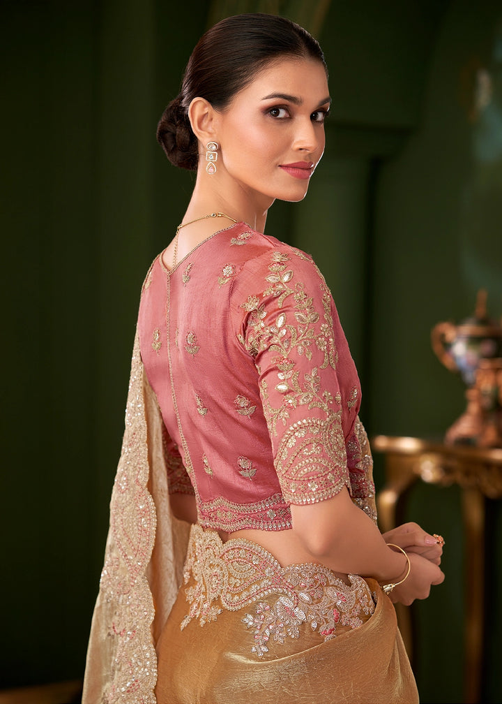 Metallic Mustard Yellow Satin Chiffon Silk Saree with Thread & Sequin Work