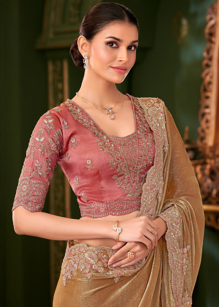 Metallic Mustard Yellow Satin Chiffon Silk Saree with Thread & Sequin Work