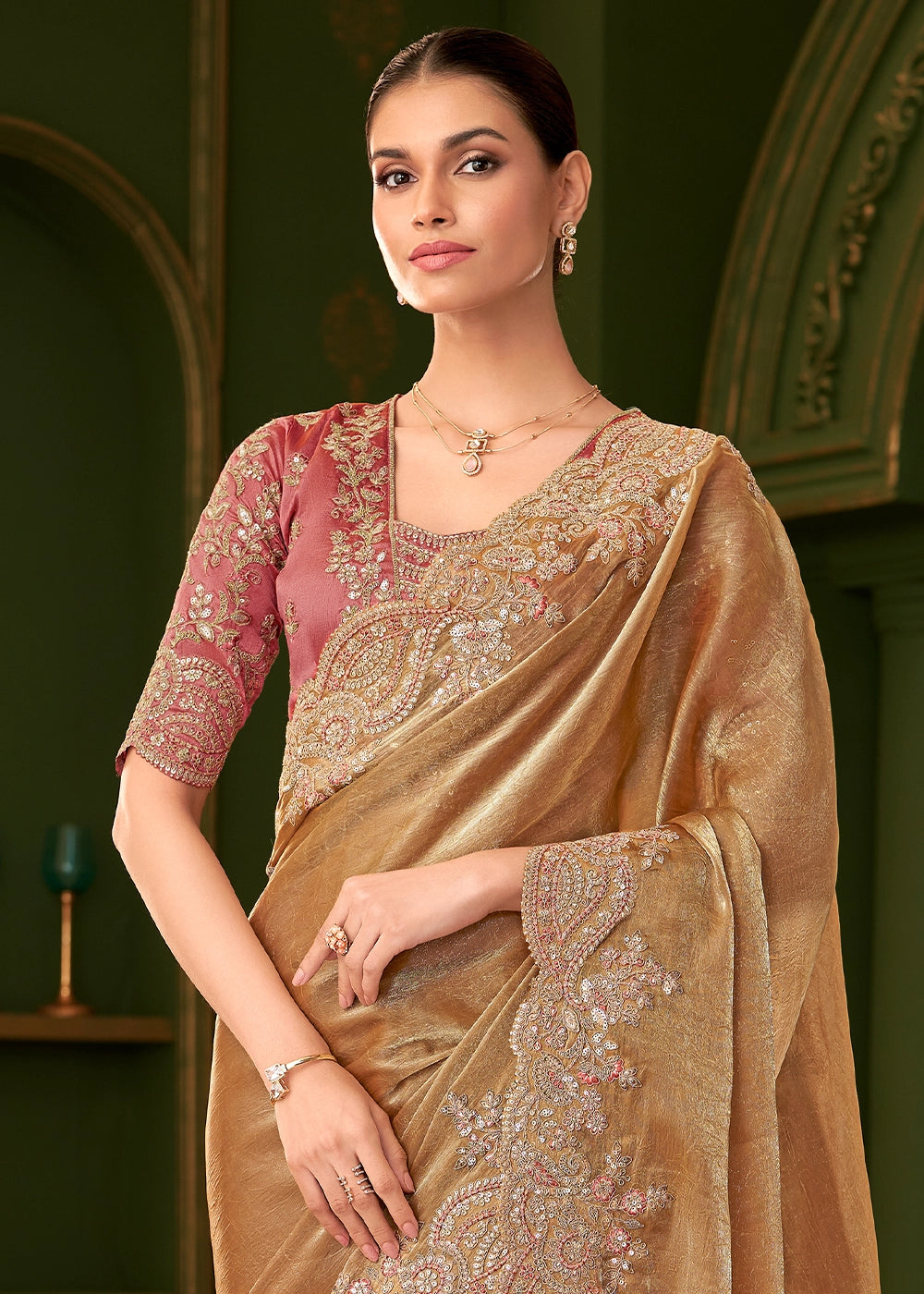 Metallic Mustard Yellow Satin Chiffon Silk Saree with Thread & Sequin Work