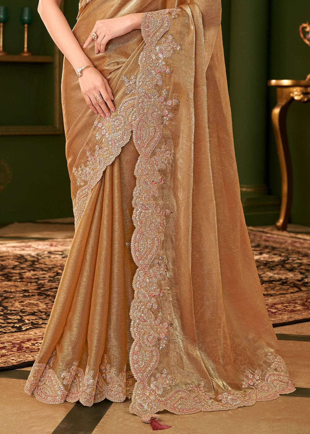 Metallic Mustard Yellow Satin Chiffon Silk Saree with Thread & Sequin Work