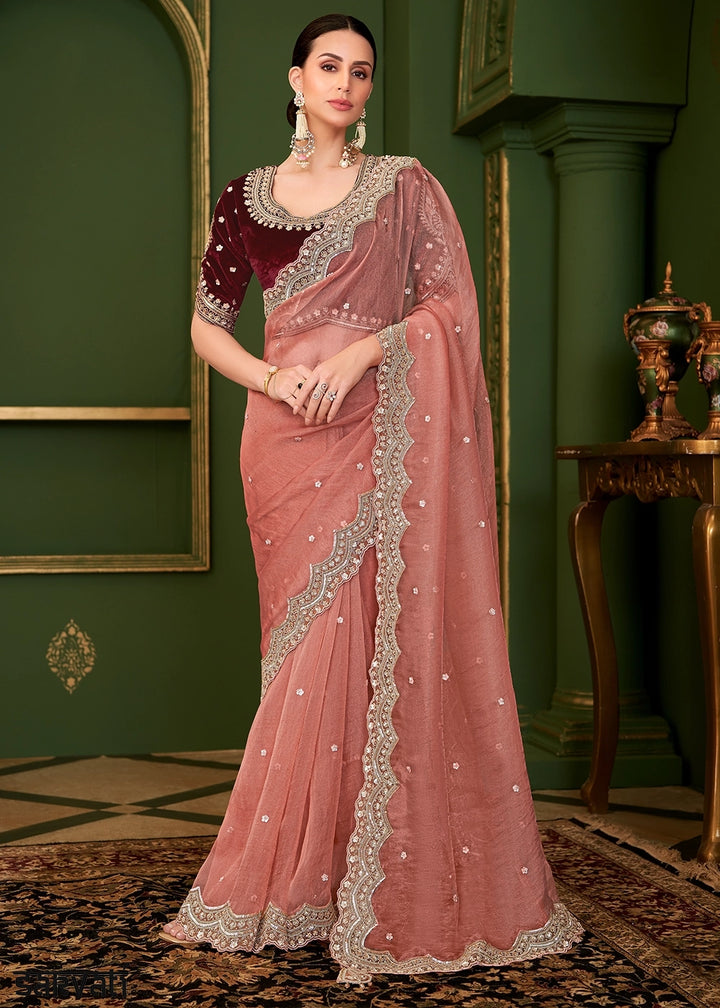 Rouge Pink Tissue Georgette Silk Saree with Thread & Sequin Work
