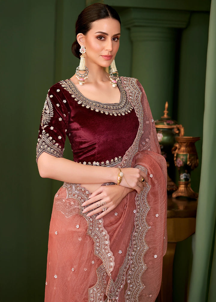 Rouge Pink Tissue Georgette Silk Saree with Thread & Sequin Work