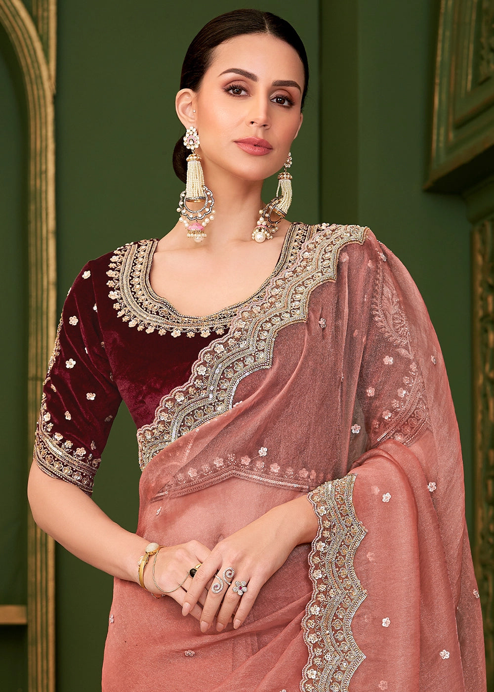 Rouge Pink Tissue Georgette Silk Saree with Thread & Sequin Work
